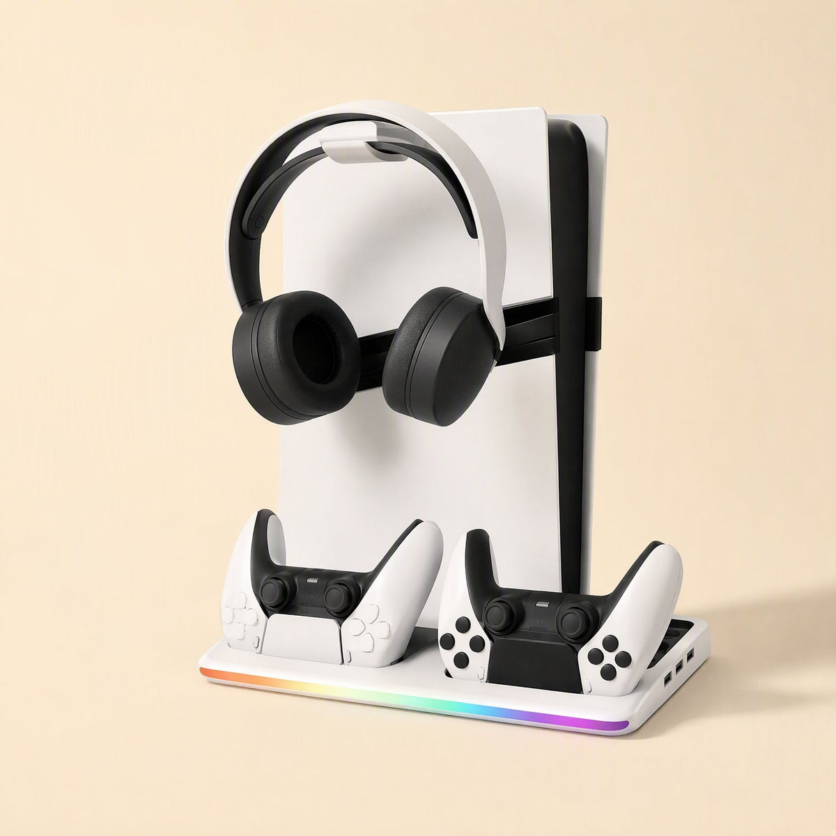Coolbase – Front view of the white PS5 stand with headset on the hook, two controllers docked and a rainbow light strip