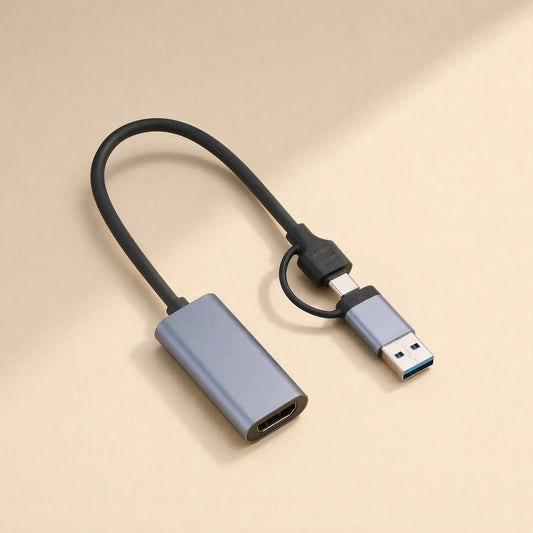 Framecast – Gray capture card with HDMI port and dual USB-A and USB-C connector on a cream background