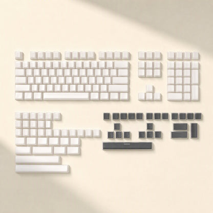 Keyshimmer – Full 165-key set laid out flat: white alphanumeric, numpad and modifier keys with dark gray accent keys