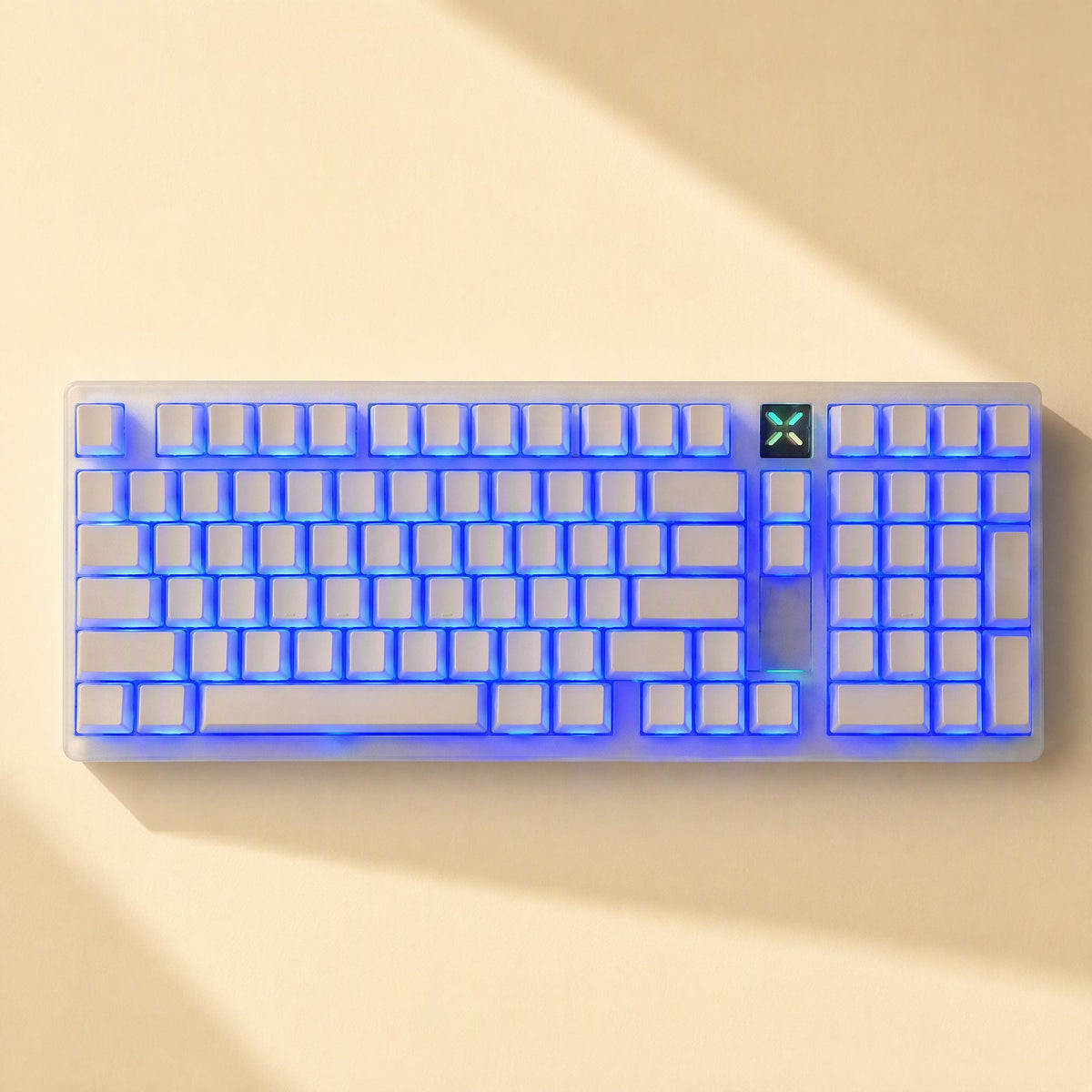Keyshimmer Translucent PBT Keycaps – white keycaps on a full-size keyboard with blue underglow, shown from directly above