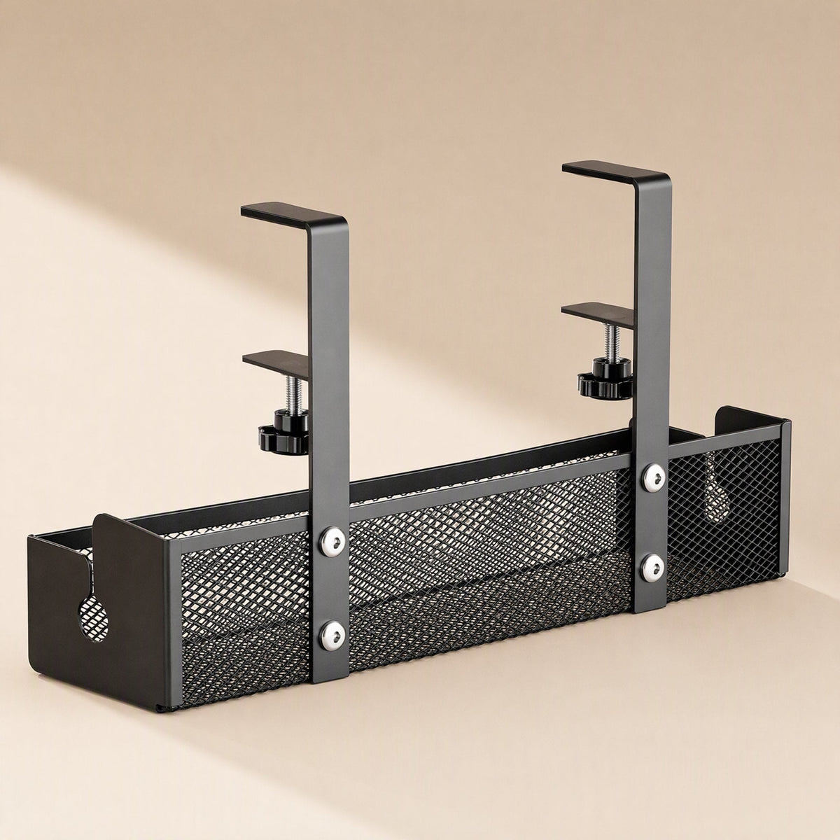 Desktrack carbon steel under-desk cable organizer in black, front three-quarter view with two C-clamps