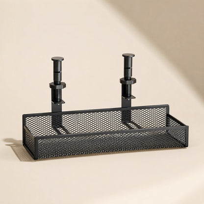Desktrack – Under-desk cable organizer basket seen from above with clamp screws and mesh sides visible