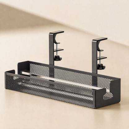 Desktrack – Black wire cable rack showing cable pass-through cutouts on the end panels and clamp arms