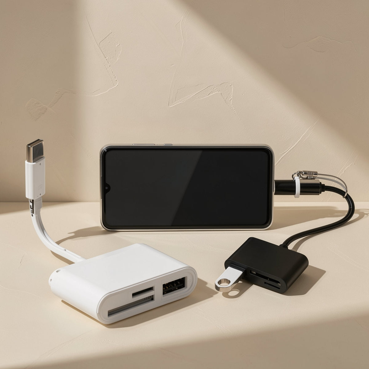 Portbyte – White and black card readers beside an Android phone, with a USB drive plugged into the black one