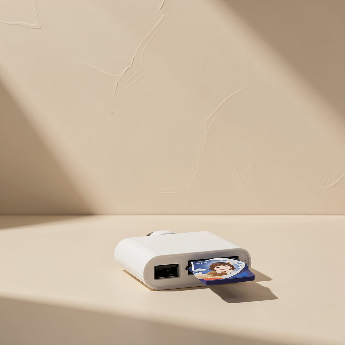 Portbyte – SD card with a cartoon portrait inserted in a white card reader, USB-A port visible on the front