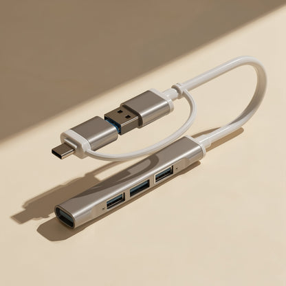 Portstack – Angled view of the hub's three USB ports and USB-C and USB-A connectors in a bronze-gray finish
