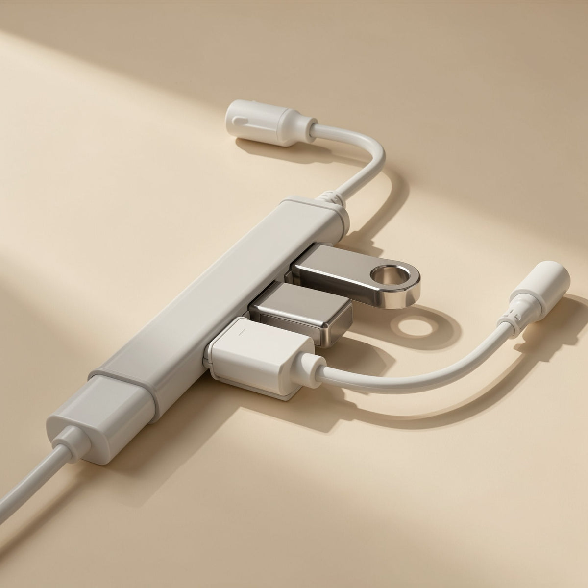 Portstack – Hub in white with a flash drive and a white cable plugged into its ports, plus two cable ends nearby