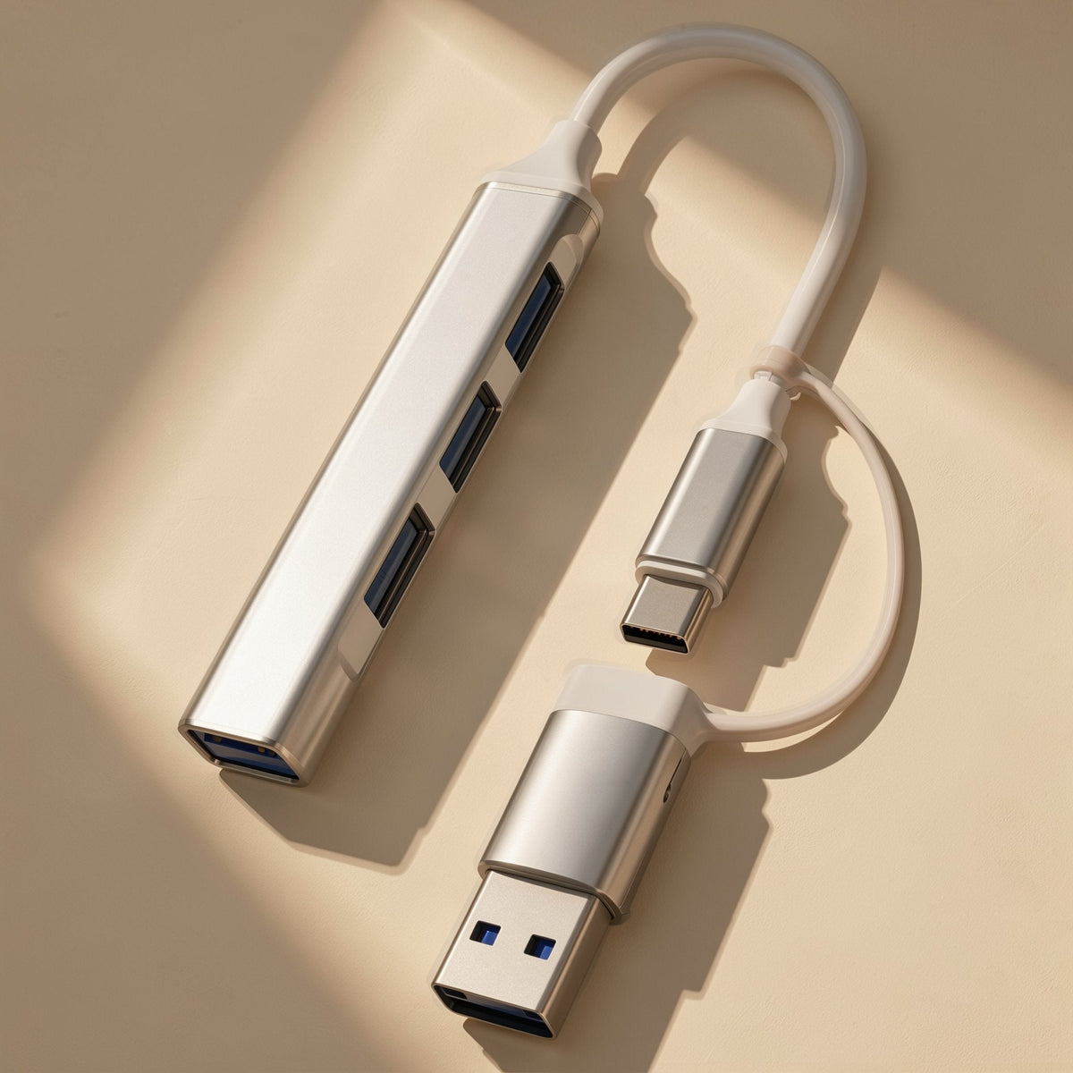 Portstack – Silver hub with a paired USB-C and USB-A connector, shown in warm light on a beige background