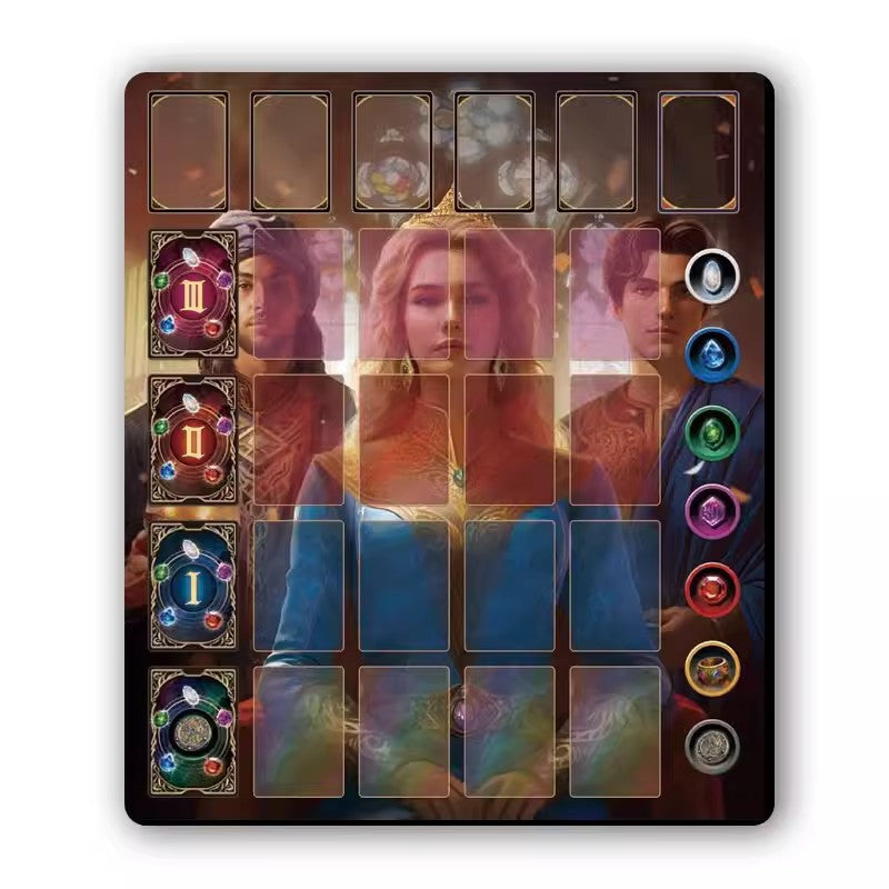 Gemloom – Illustrated playmat with card slots, tier markers and gem color icons along the right edge