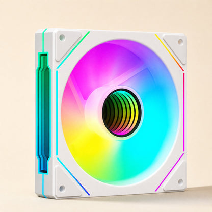 Prismflow 12cm ARGB cooling fan in white with a rainbow-lit blade ring and glowing edge strip, angled view