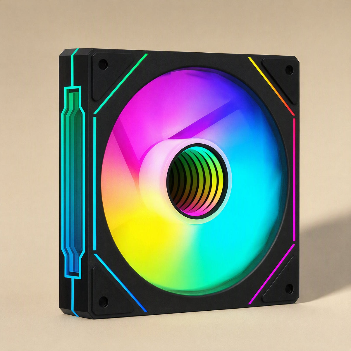 Prismflow – Black 12cm ARGB fan with rainbow lighting, a teal-blue side strip and glowing corner accents on beige