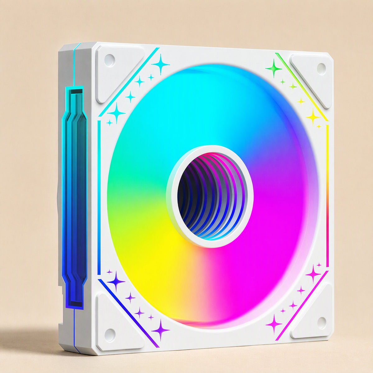 Prismflow – White square fan frame with sparkle accents in the corners and a swirling rainbow gradient on the blades