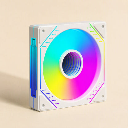 Prismflow – White fan frame with small directional arrows by the corners and a cyan-to-magenta gradient across the blades