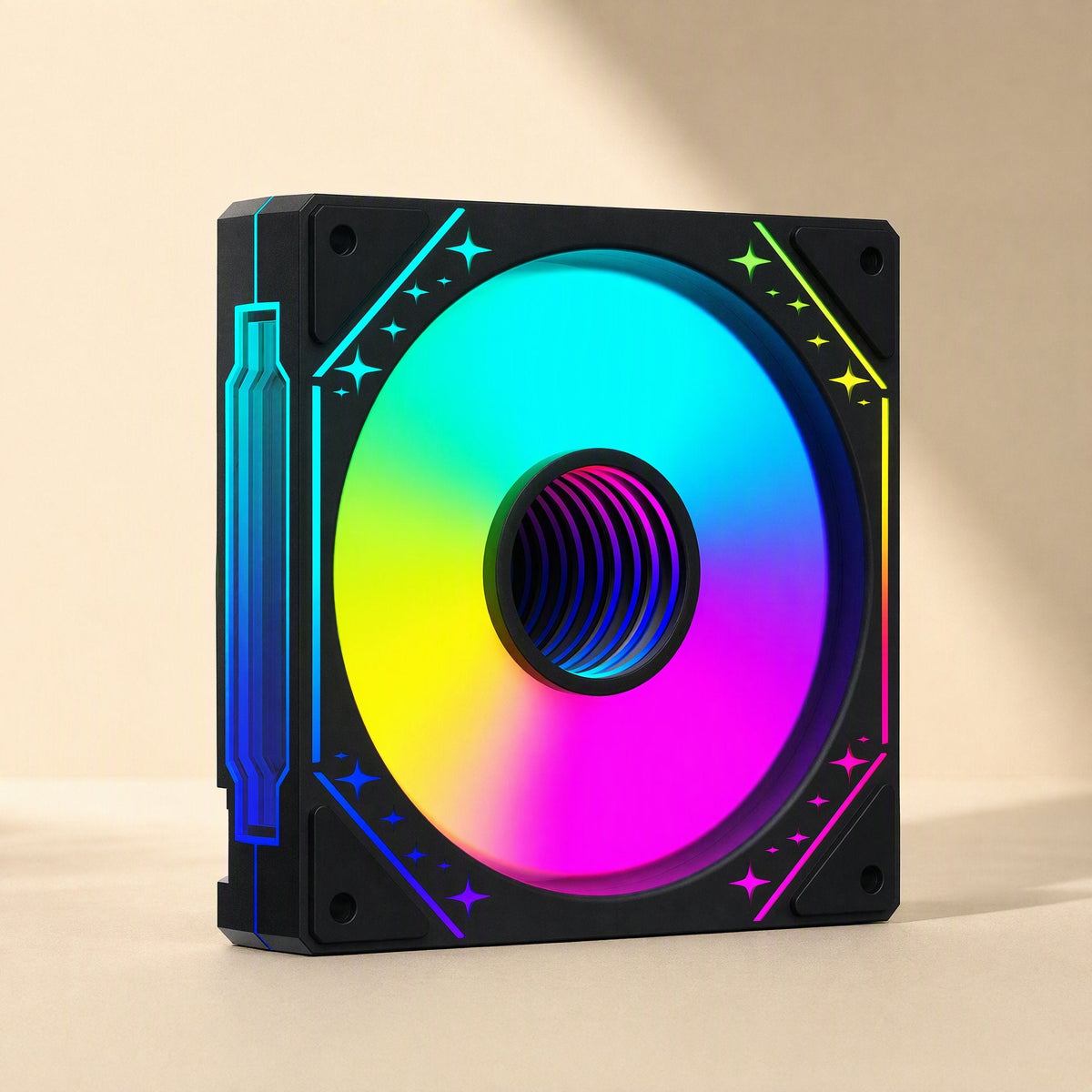 Prismflow – Black fan frame with star-shaped accents and a glowing rainbow ring around a dark infinity-mirror hub