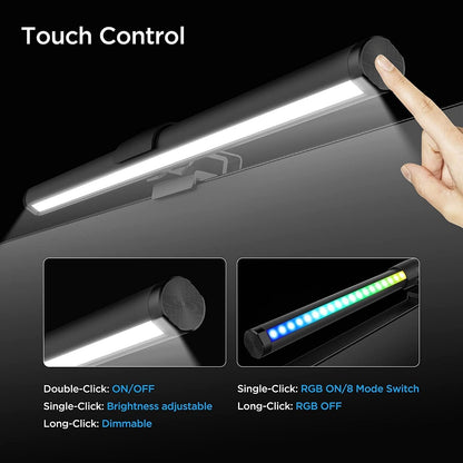 Screenbeam – Hand touching the end cap of the hanging lamp, with on/off, brightness and RGB mode controls listed below