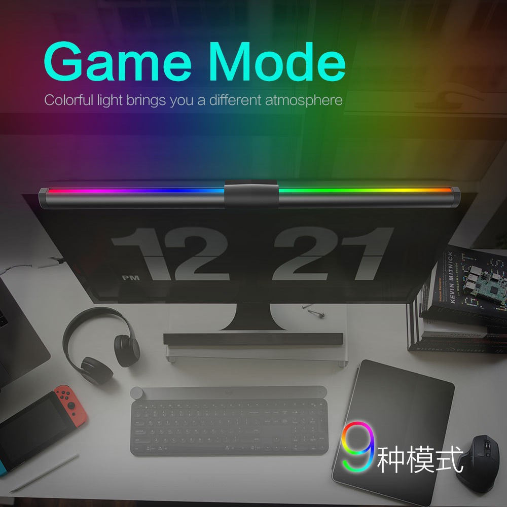 Screenbeam – Hanging lamp mounted on a monitor in RGB game mode, glowing over a desk with keyboard, headphones and Switch
