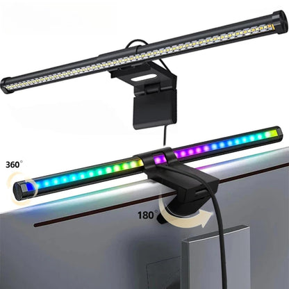 Screenbeam – Lamp bar clipped to a monitor top, with arrows showing 360-degree bar rotation and 180-degree clip tilt