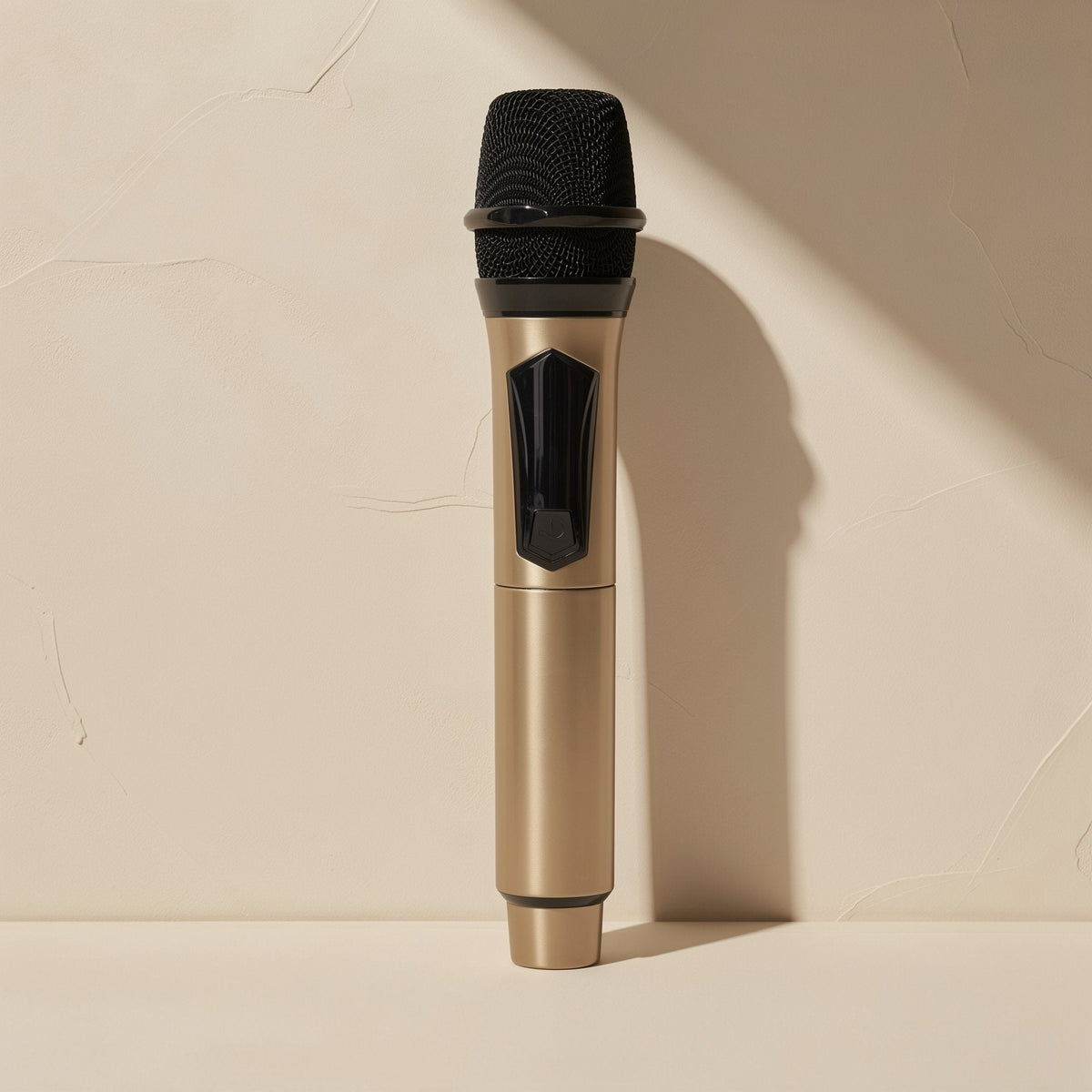 Voicevolt – Champagne gold microphone with black mesh head standing upright beside its long shadow on a beige surface