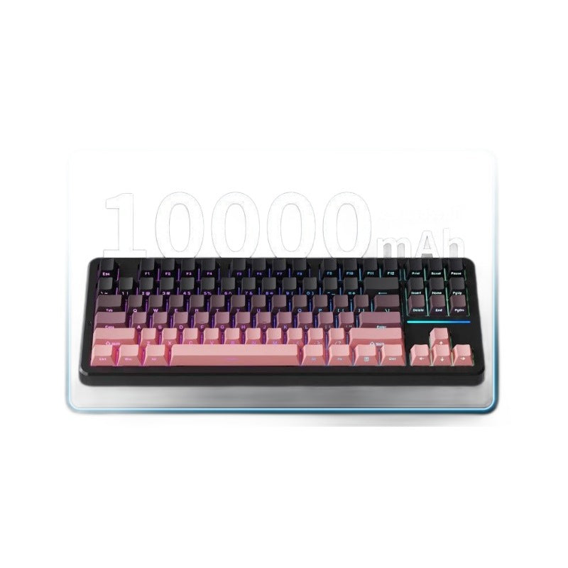 Typecrest – Black keyboard with pink-to-black gradient keycaps and RGB backlight, 10000mAh printed behind it