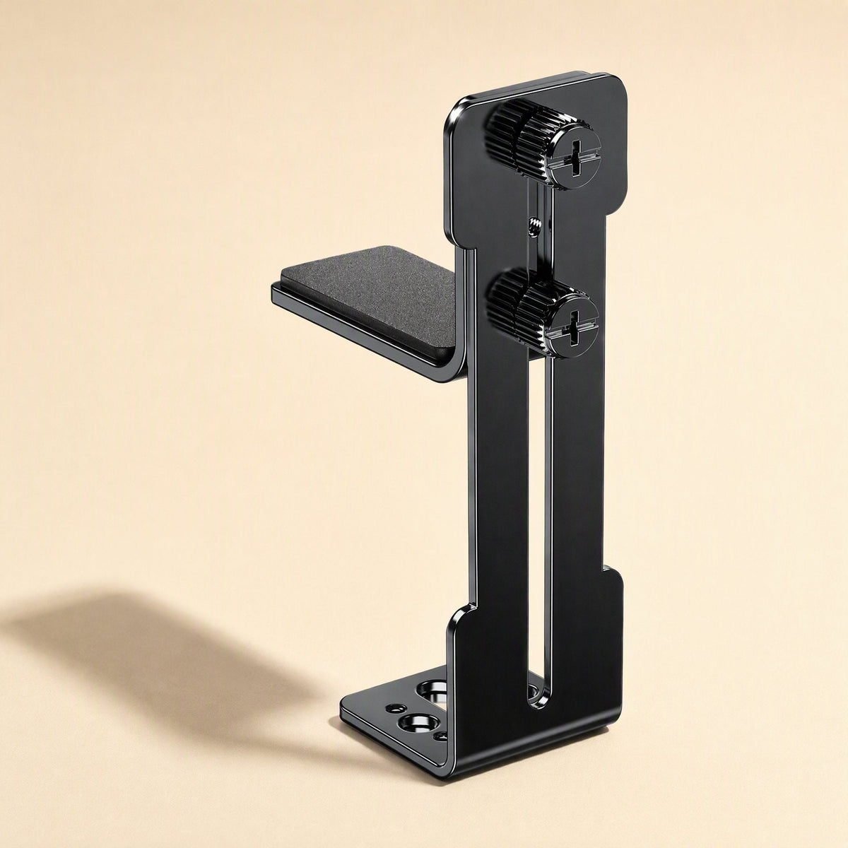Cornerhold L-Shaped Graphics Card Bracket in black with two knurled thumbscrews and a padded support shelf