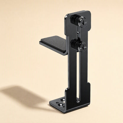Cornerhold L-Shaped Graphics Card Bracket in black with two knurled thumbscrews and a padded support shelf