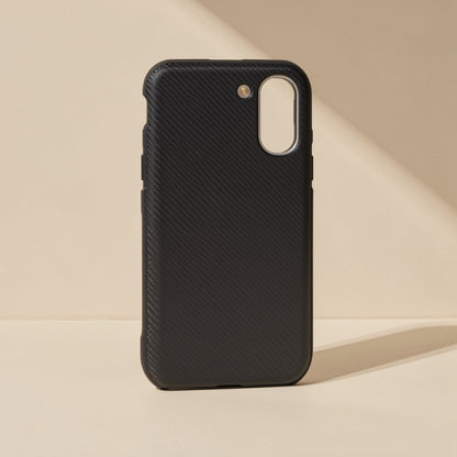 Flipgrain – Black ribbed-texture case back with oval camera opening and small round sensor hole on a beige surface