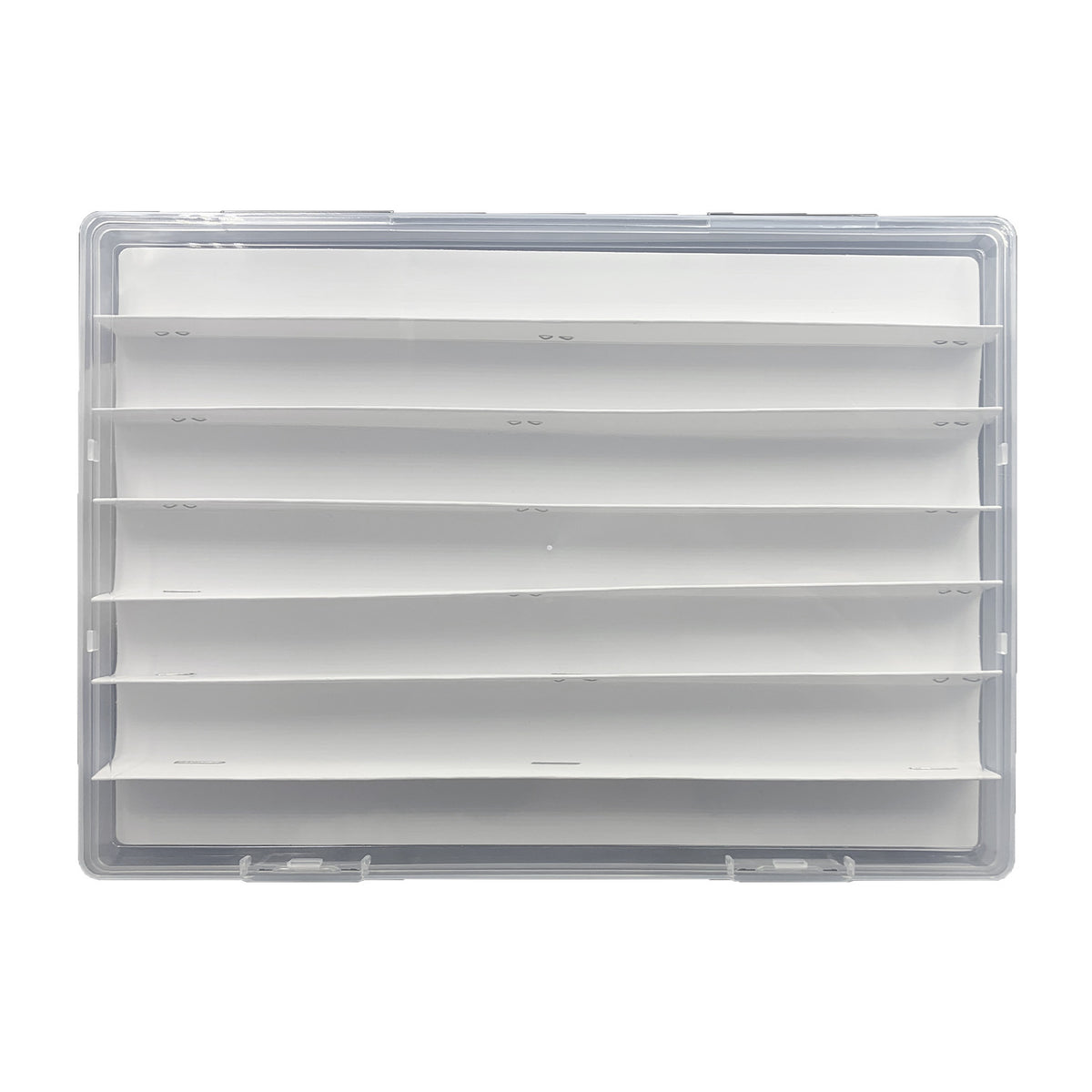 Capview – Top view of an empty clear storage box with seven white paper dividers and latch clasps