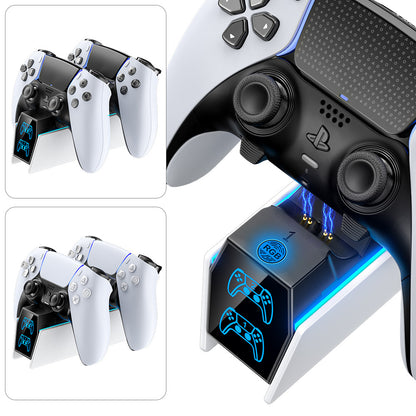 Voltdock – Close-up of controller charging contacts, with two docking setups and a glowing RGB controller display