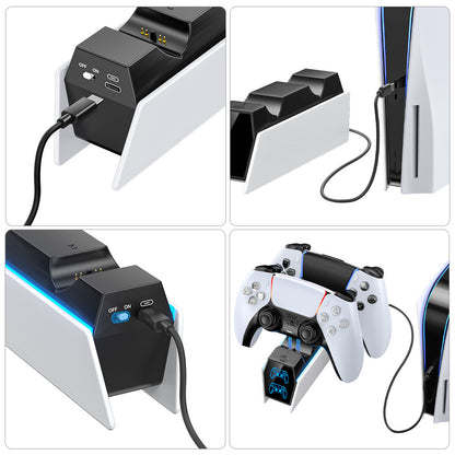 Voltdock – Rear USB-C port and on/off switch of the charger stand, with cable connected to a PS5 and two controllers