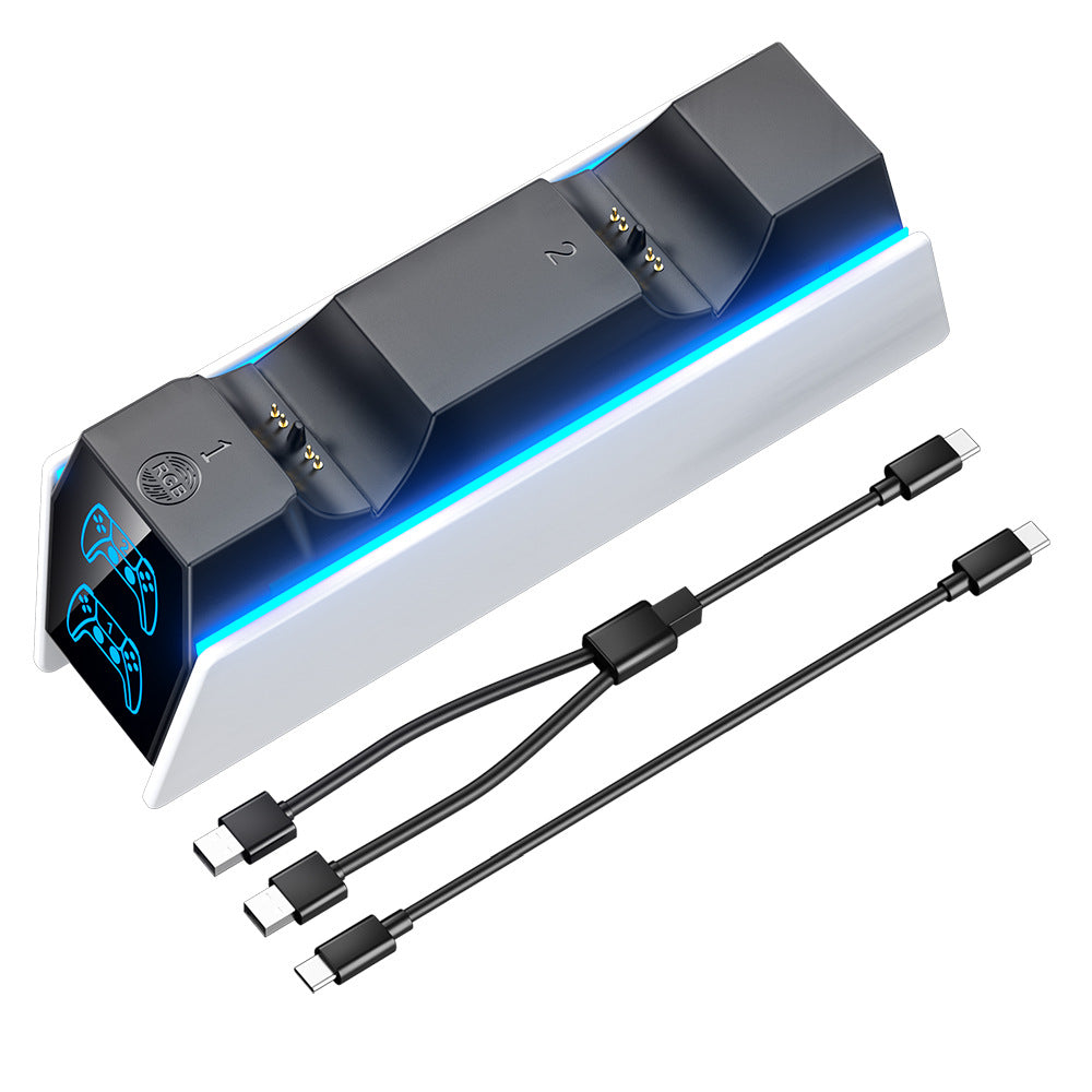 Voltdock – Charger stand on its own with black dual-end USB cable and a USB-C cable beside it, blue RGB light strip lit