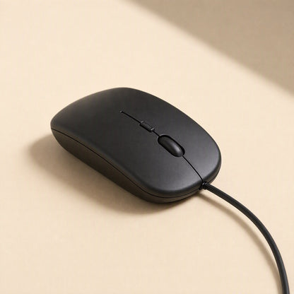 Clickfour – Black matte mouse seen from the front-left, scroll wheel and side button visible, cable curving right