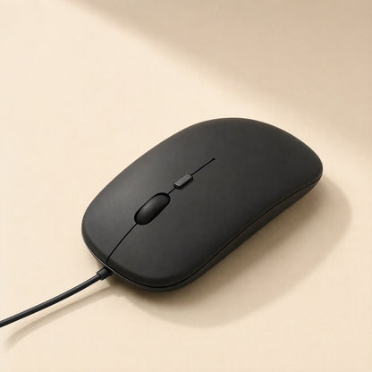 Clickfour – Slim black mouse angled from the side with the cable exiting at the bottom left on a beige background