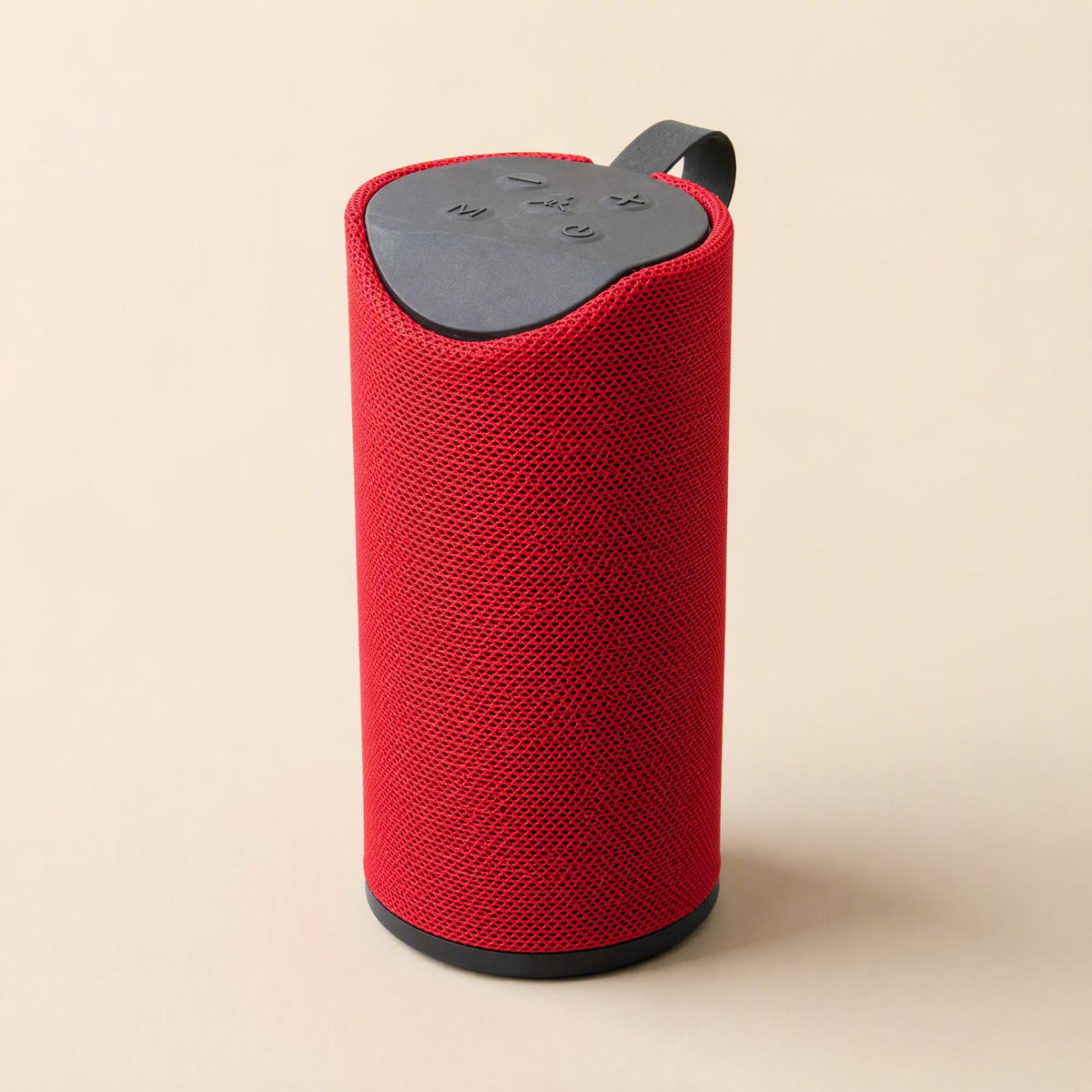 Tuneclip – Red mesh-wrapped cylindrical speaker with black control panel on top, strap loop and black base