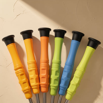 Bitdriver – Six ribbed screwdriver handles in yellow, orange, green and blue lined up with black caps at the top