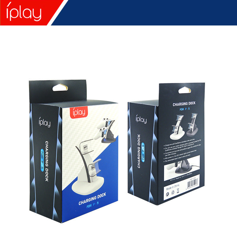 Dockglow PS5 Wireless Controller Dual Charging Dock in its iplay retail box, front and back views