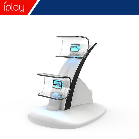 Dockglow – White dual charging dock with two clear curved cradles and blue LED glow, front three-quarter view