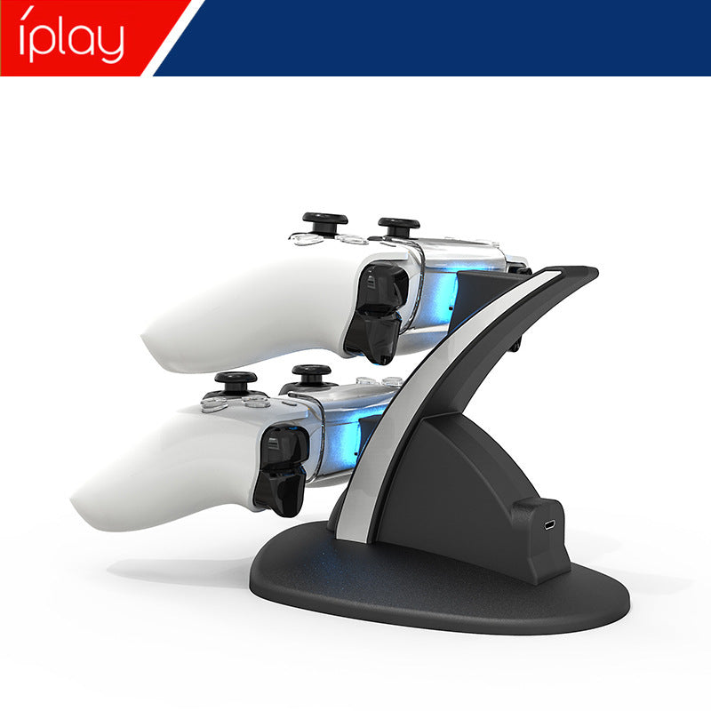 Dockglow – Black and white charging dock holding two white PS5 controllers with blue lights and USB-C port visible
