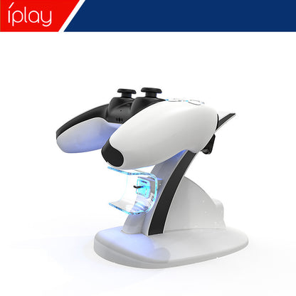 Dockglow – White dock with one controller resting in the lower cradle, blue light glowing at the base