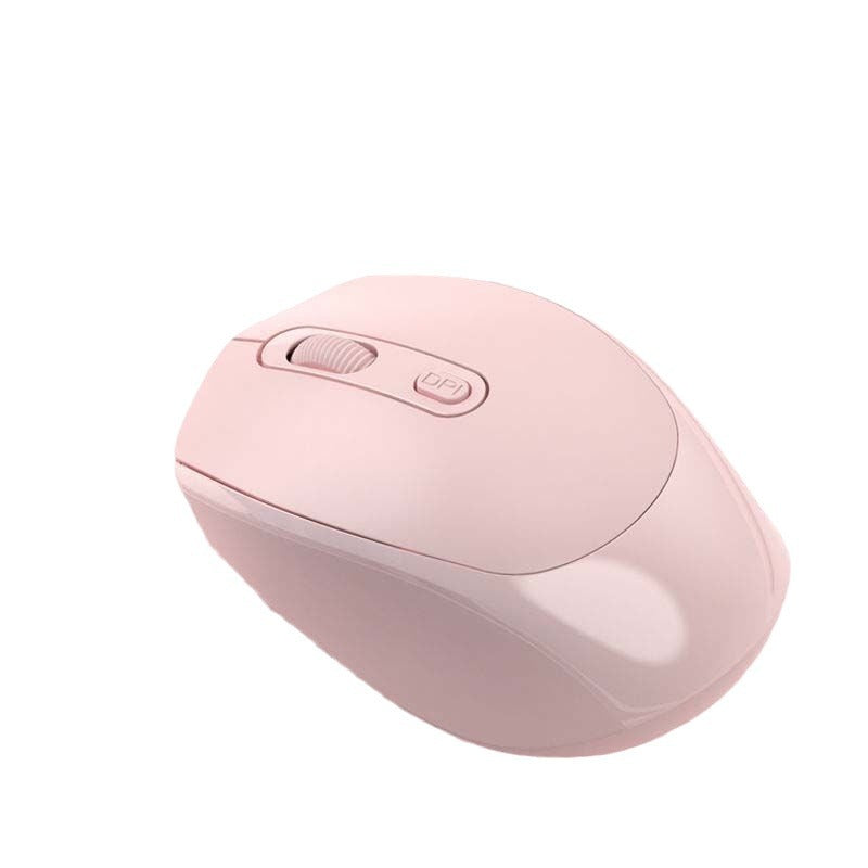 Quietgrip – Pink wireless mouse on a white background, angled from the front, showing the scroll wheel and DPI button