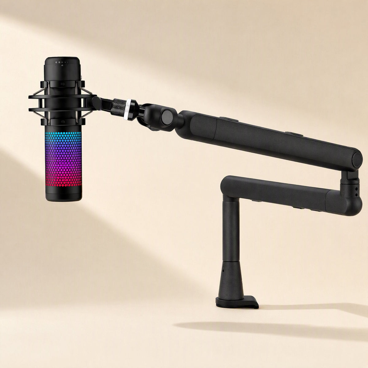 Swingreach – Black boom arm with a colorful RGB condenser microphone mounted on a shock mount, side view