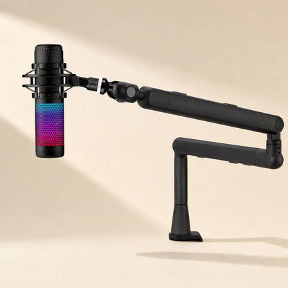Swingreach – Black boom arm with a colorful RGB condenser microphone mounted on a shock mount, side view