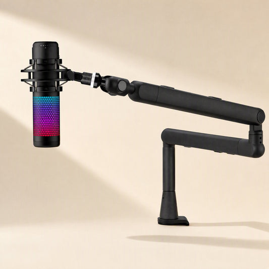 Swingreach – Black boom arm with a colorful RGB condenser microphone mounted on a shock mount, side view