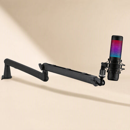 Swingreach – Boom arm extended horizontally with a USB microphone attached, shown in profile against a cream background
