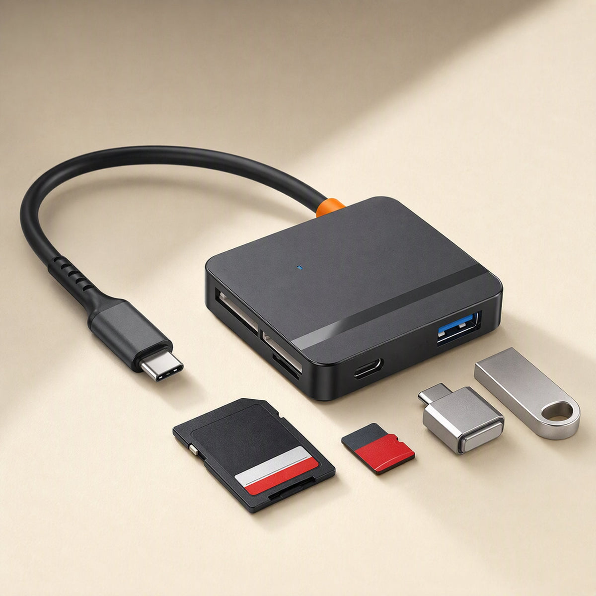 Cardlink – Front-angled view of the card reader with SD card, microSD card, USB-C adapter and flash drive laid beside it