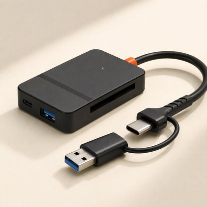 Cardlink – Black card reader with indicator light, wide card slot and USB-A and USB-C ports on the front edge