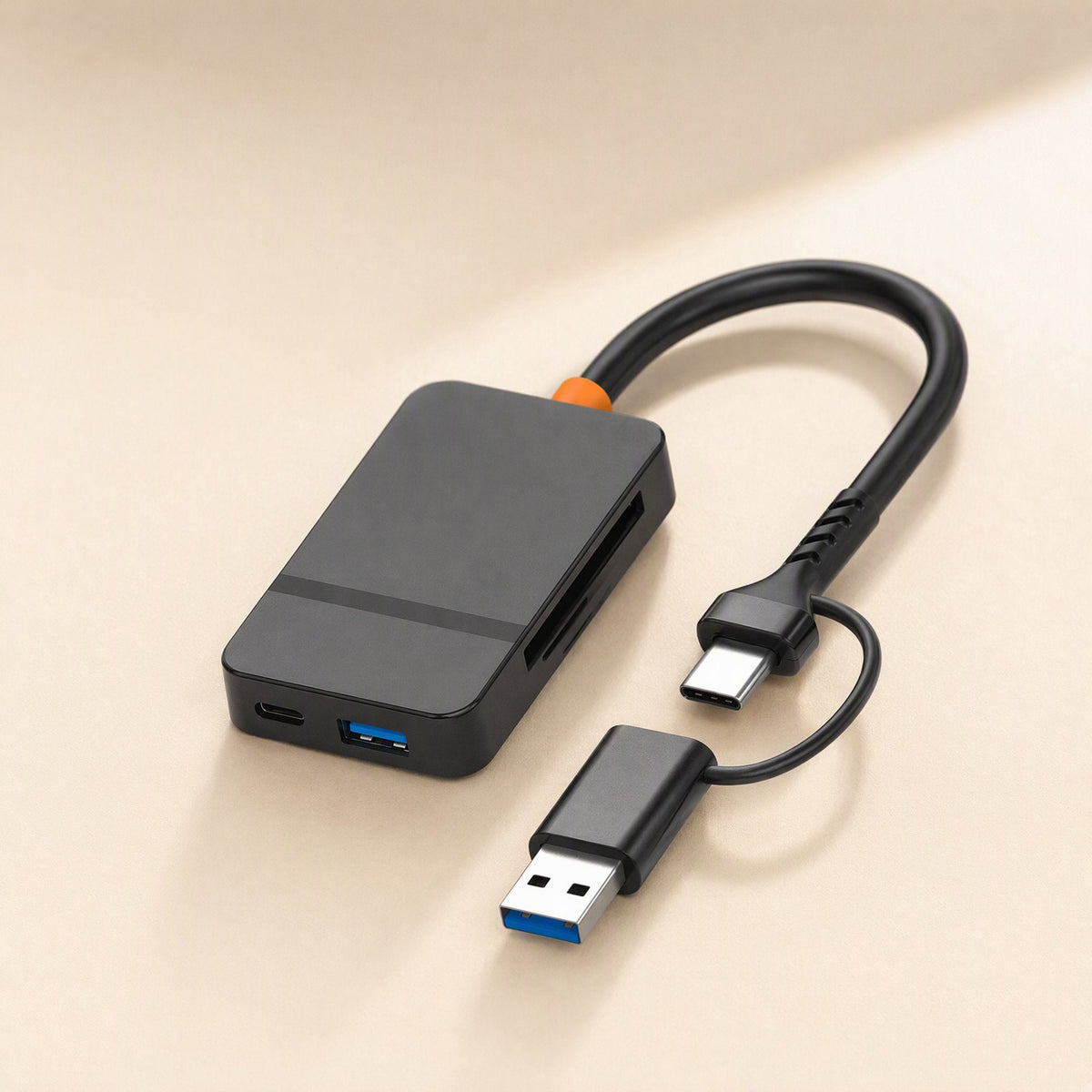 Cardlink – Card reader viewed from the left, showing the card slot, USB-C port, blue USB-A port and coiled cable