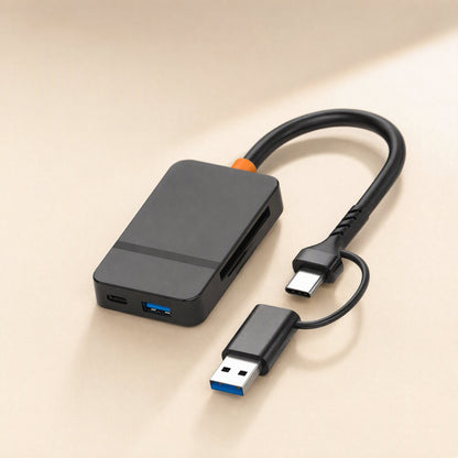 Cardlink – Card reader viewed from the left, showing the card slot, USB-C port, blue USB-A port and coiled cable
