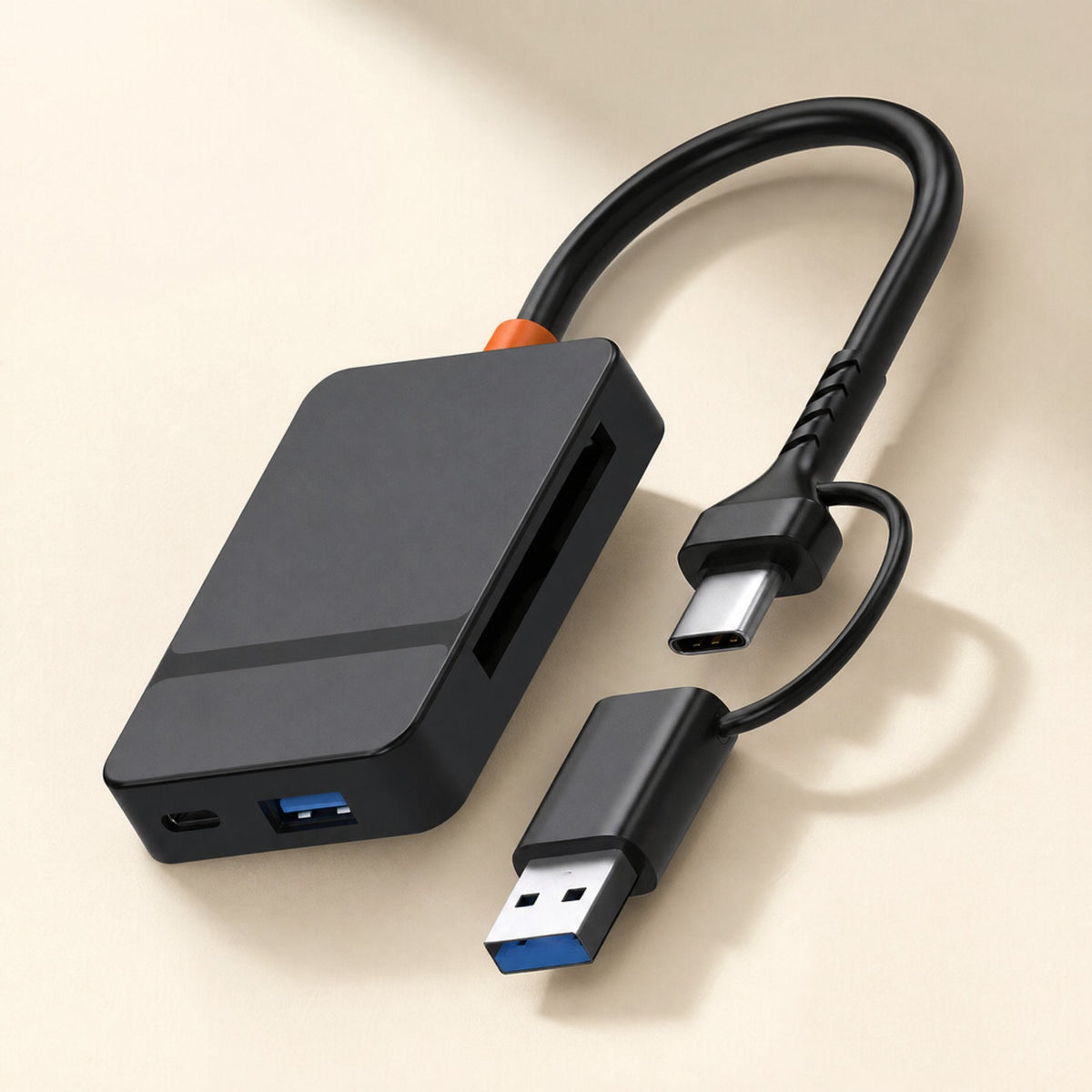 Cardlink – Close view of the card reader with its dual USB-C and USB-A connector cable resting on a beige surface