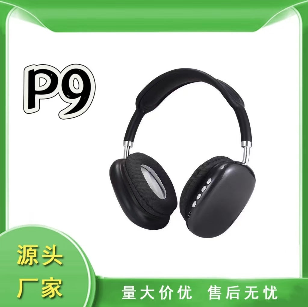 Basswave Over-Ear Bluetooth Headphones in black with a padded headband, shown with a P9 label