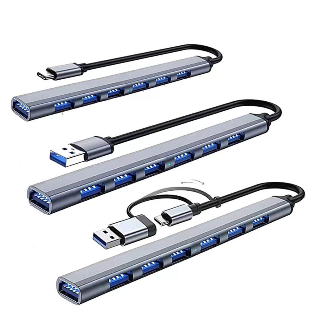 Portalum USB 3.0 Hub – three gray seven-port hubs stacked, with Type-C, USB-A and dual-connector cables